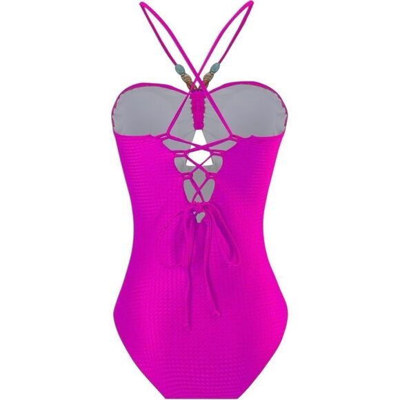Vibrant Pink One-Piece Swimsuit Set with Wrap Skirt - Picture 5 of 9